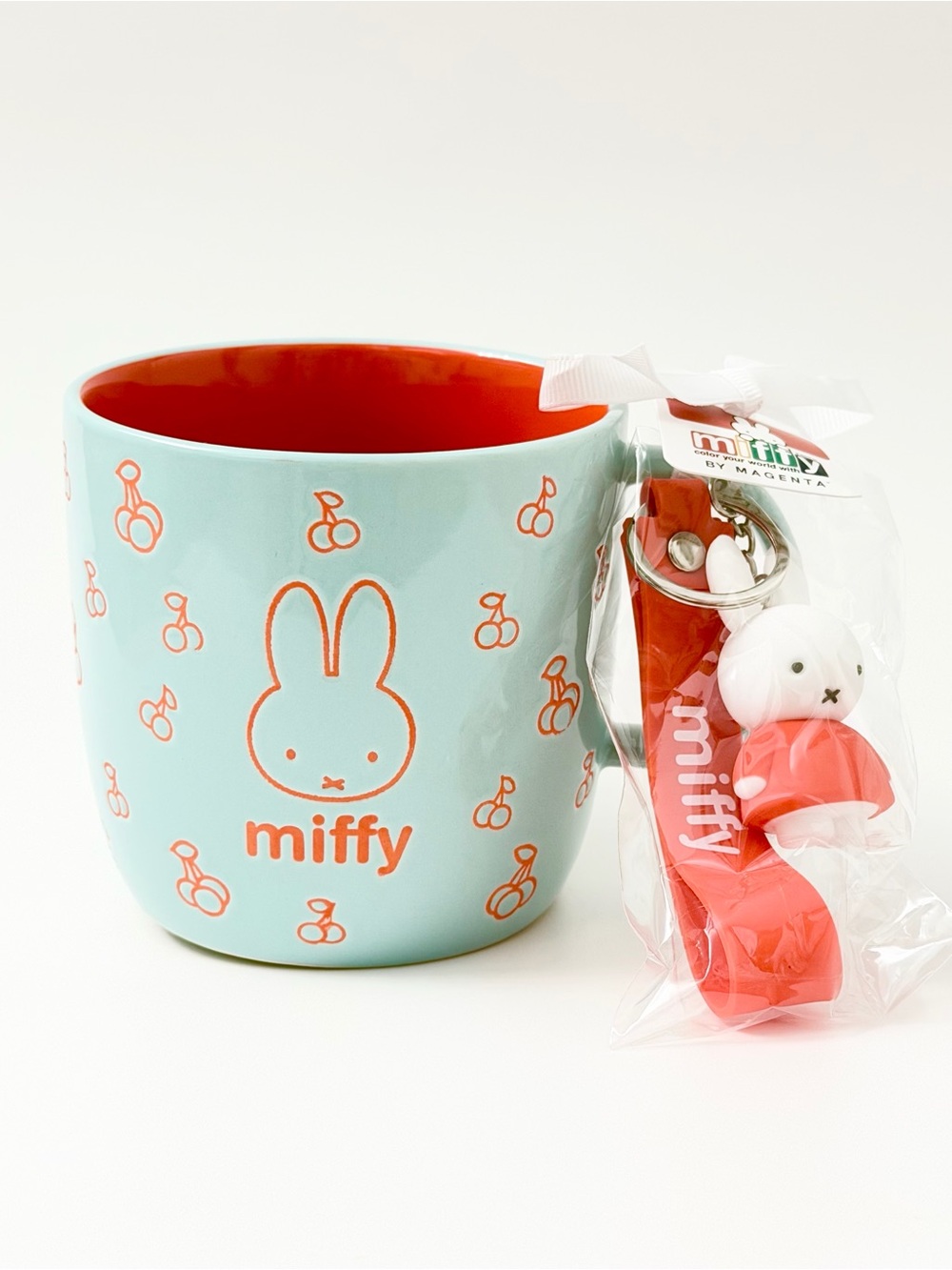 miffy Teal Blue and Coral Bunny Mug with Coral Keychain